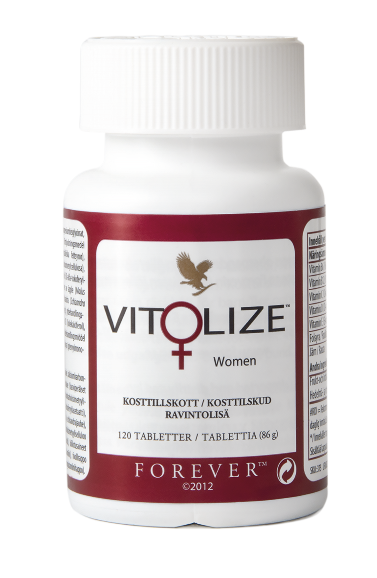 Vitolize Women is a multi-supplement with vitamins C, D E and several Bs, plus iron, folic acid and calcium, specially developed for women’s requirements.
